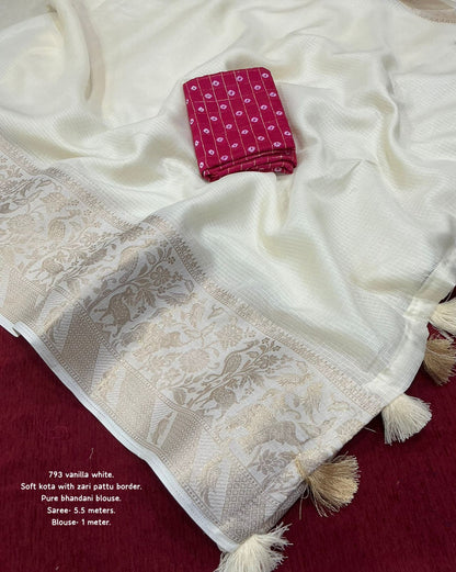 Kota Doria Saree with Zari Banarasi Border & Bandhani Blouse