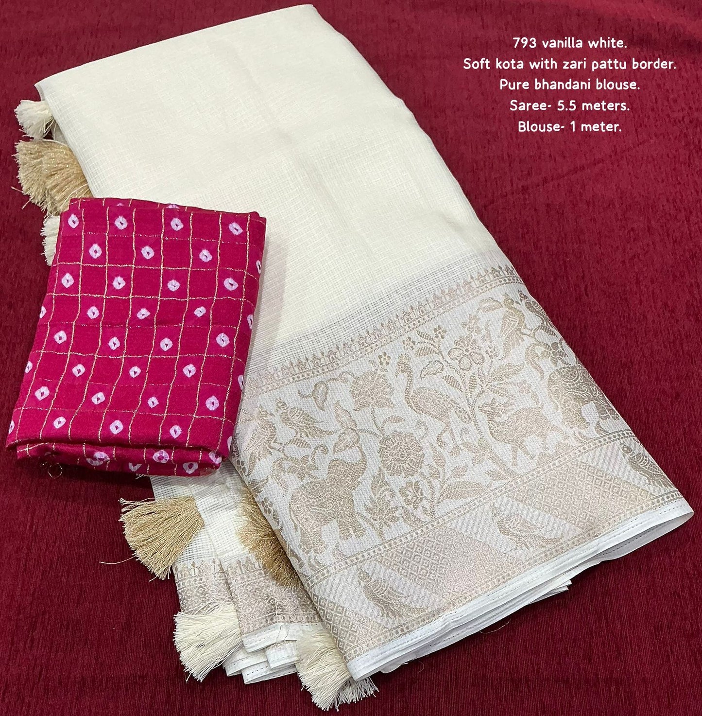 Kota Doria Saree with Zari Banarasi Border & Bandhani Blouse