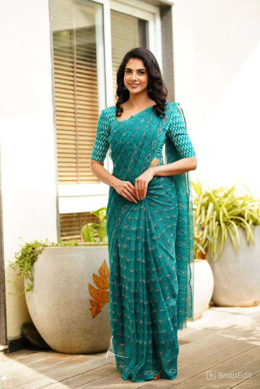 Kota Doriya Saree with Digital Print & Running Blouse