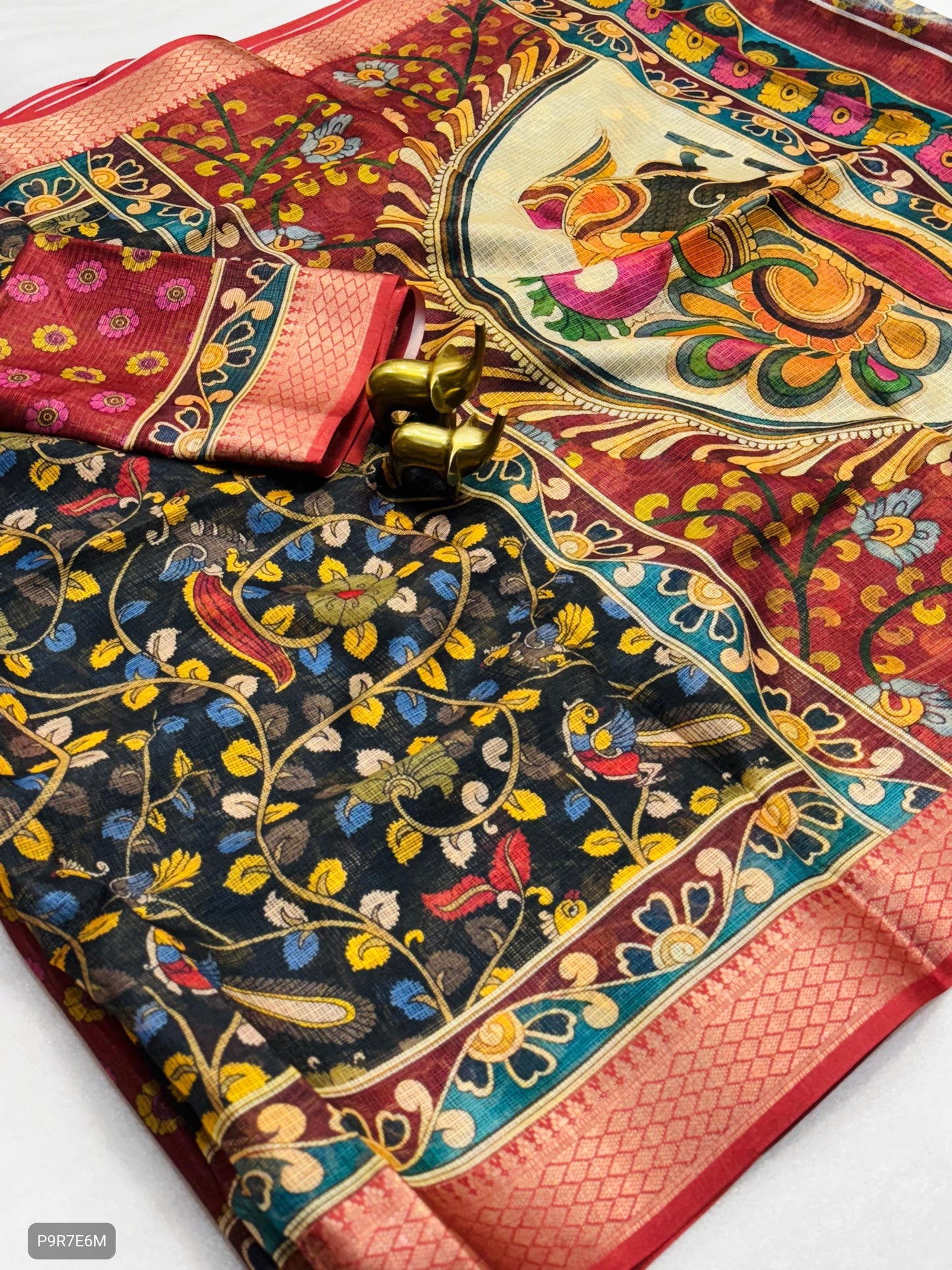 Kota Pattu Kalamkari Digital Print Saree with Contrast Weaving Border & Blouse