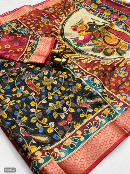 Kota Pattu Kalamkari Digital Print Saree with Contrast Weaving Border & Blouse