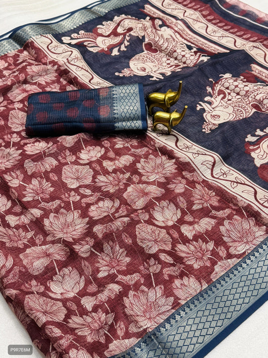 Kota Pattu Kalamkari Digital Print Saree with Contrast Weaving Border & Blouse