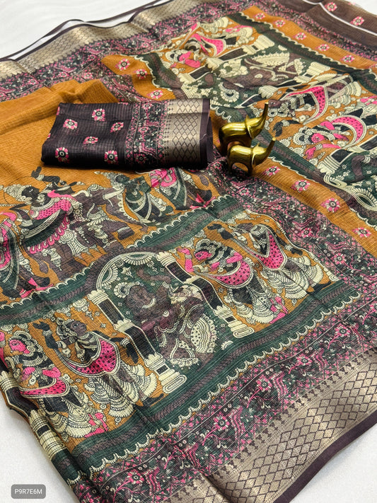 Kota Pattu Kalamkari Digital Print Saree with Contrast Weaving Border & Blouse