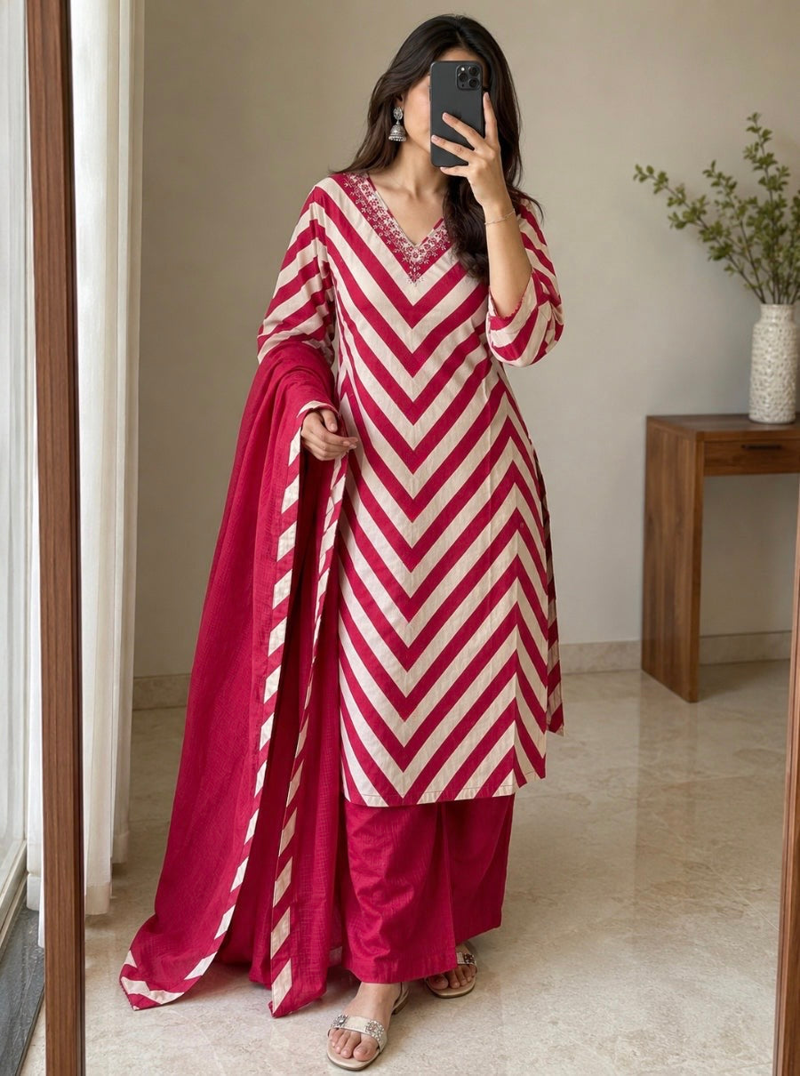 Lahariya Printed Cotton Kurta Pant Dupatta Set with Neck Embroidery