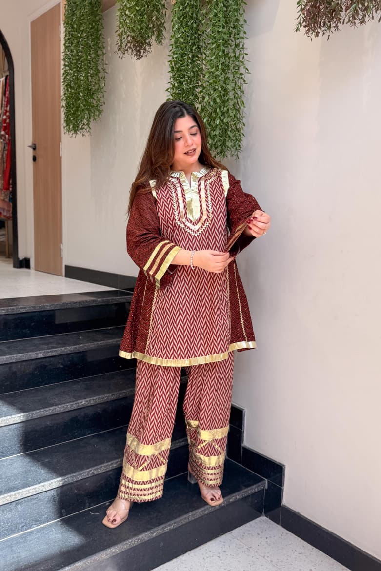Lahriya Chogha Style Cotton Cord Set with Gota Lace Work