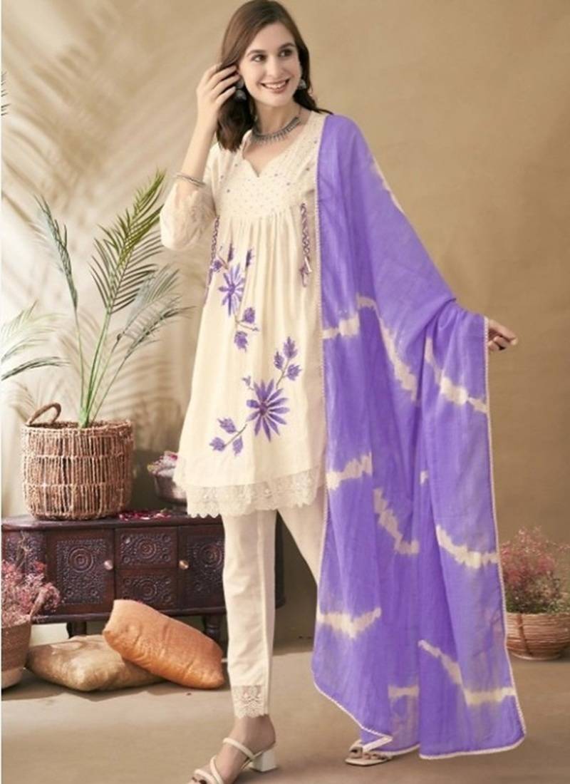 Lavender Floral Embroidery Cotton Blend 3-Piece Suit Set