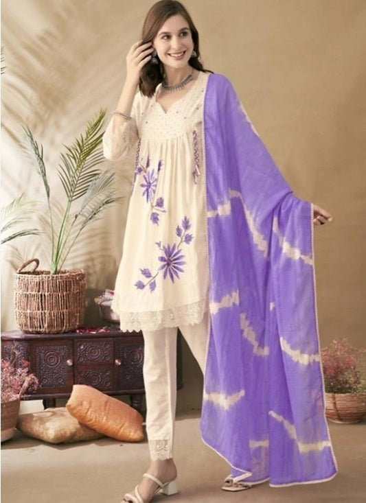 Lavender Floral Embroidery Cotton Blend 3-Piece Suit Set