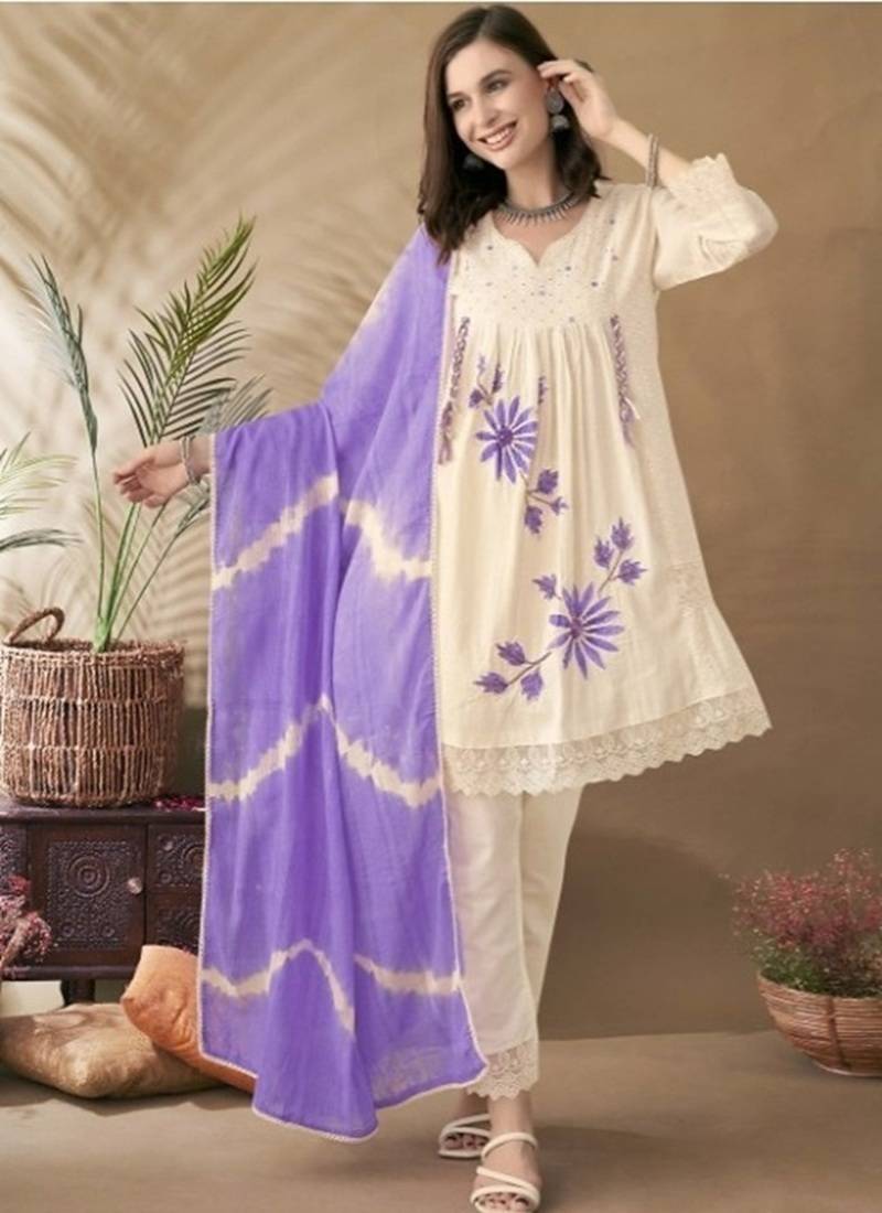 Lavender Floral Embroidery Cotton Blend 3-Piece Suit Set