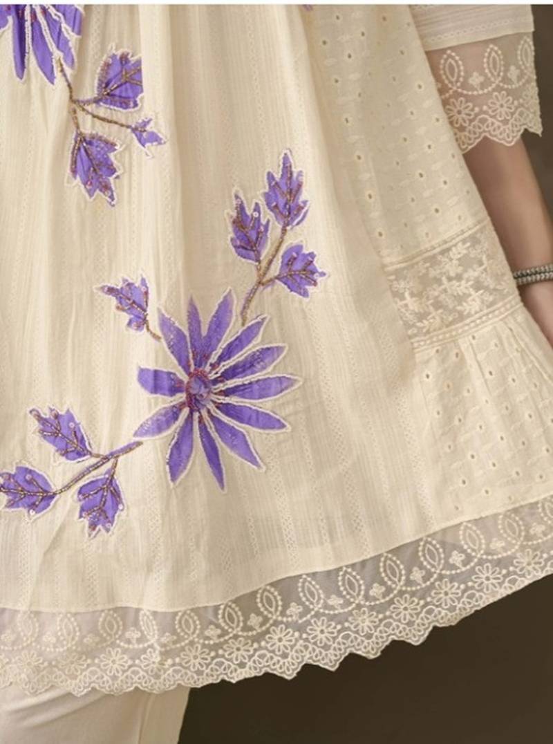 Lavender Floral Embroidery Cotton Blend 3-Piece Suit Set