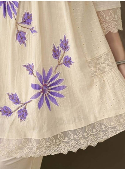 Lavender Floral Embroidery Cotton Blend 3-Piece Suit Set