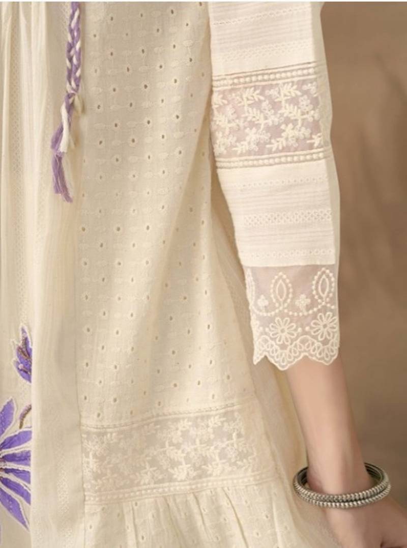 Lavender Floral Embroidery Cotton Blend 3-Piece Suit Set