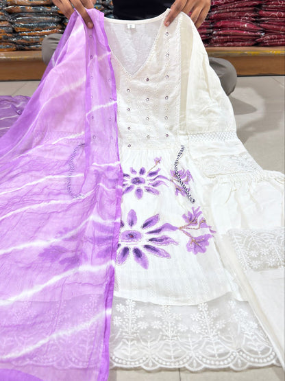 Lavender Floral Embroidery Cotton Blend 3-Piece Suit Set