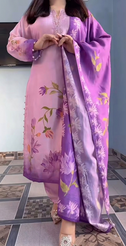 Lavender Flowy Silk Floral Print Kurti Pant & Dupatta 3-Piece Set