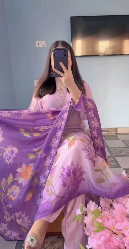 Lavender Flowy Silk Floral Print Kurti Pant & Dupatta 3-Piece Set