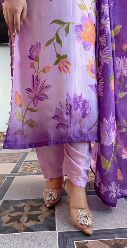 Lavender Flowy Silk Floral Print Kurti Pant & Dupatta 3-Piece Set