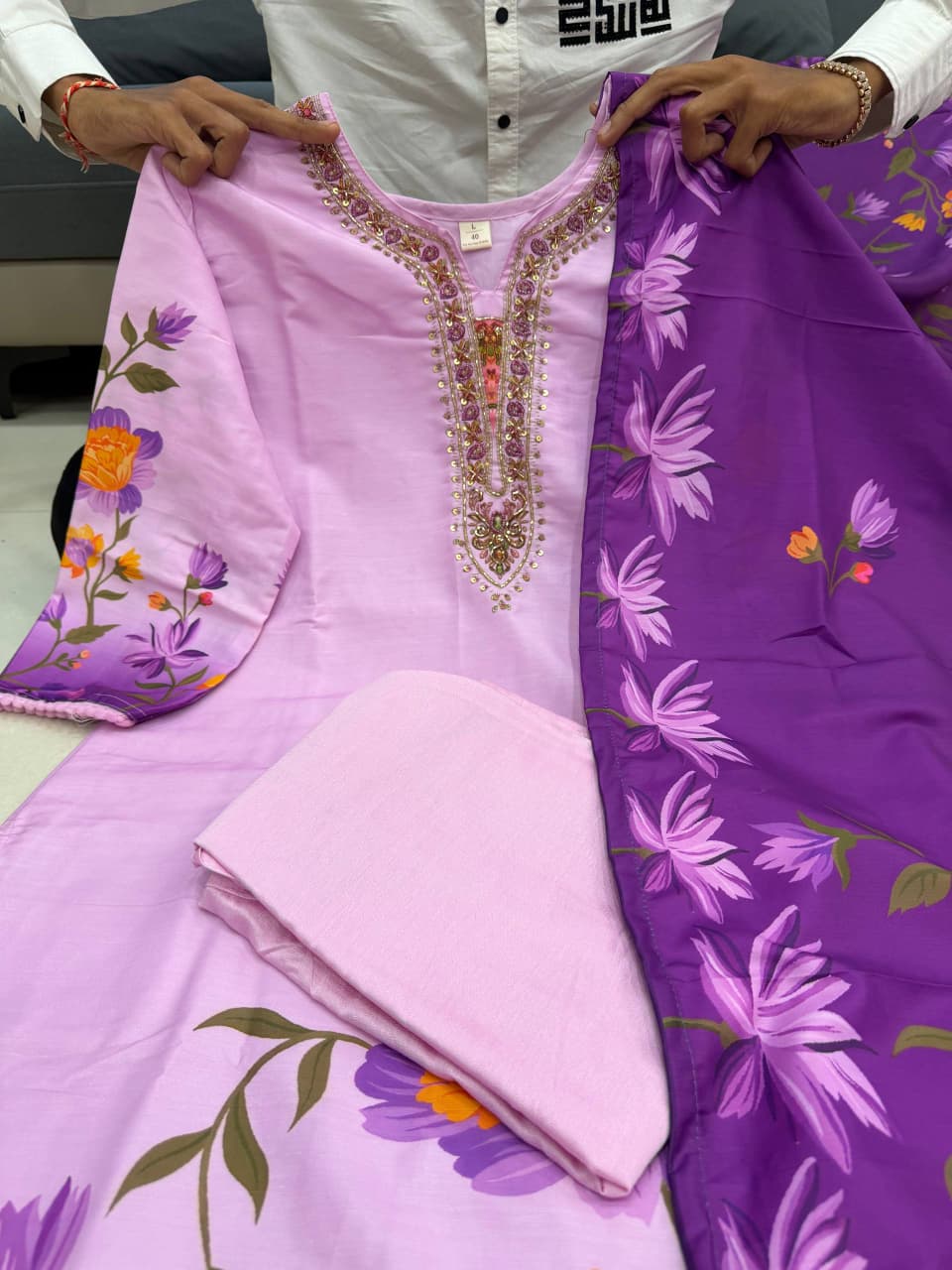 Lavender Flowy Silk Floral Print Kurti Pant & Dupatta 3-Piece Set
