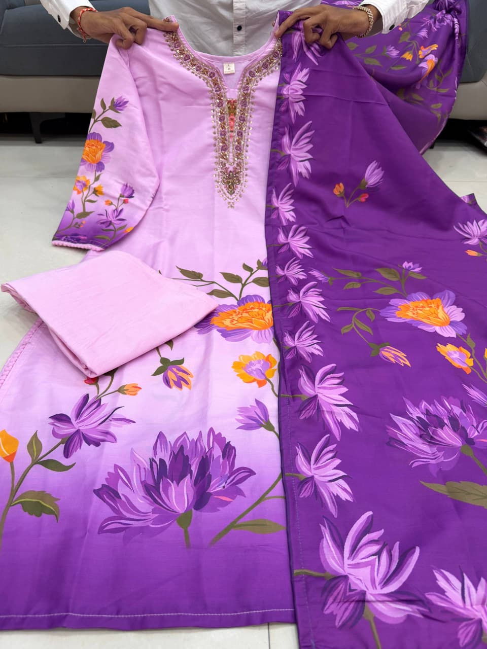 Lavender Flowy Silk Floral Print Kurti Pant & Dupatta 3-Piece Set