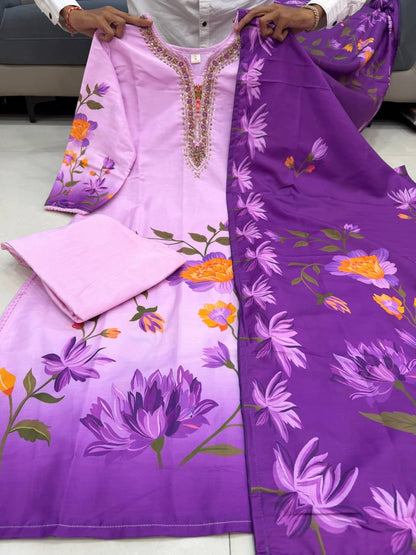 Lavender Flowy Silk Floral Print Kurti Pant & Dupatta 3-Piece Set