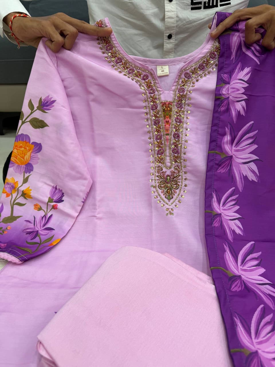 Lavender Flowy Silk Floral Print Kurti Pant & Dupatta 3-Piece Set