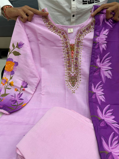 Lavender Flowy Silk Floral Print Kurti Pant & Dupatta 3-Piece Set