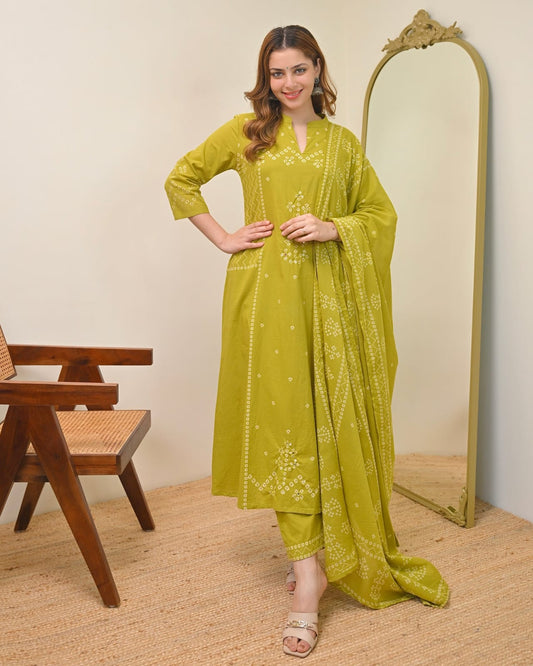 Lime Mist Bandhej Print A-Line Cotton Suit Set with Dupatta