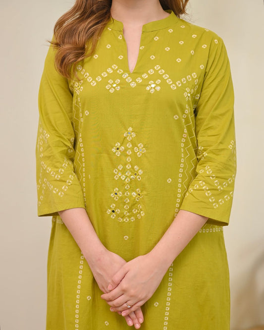 Lime Mist Bandhej Print A-Line Cotton Suit Set with Dupatta