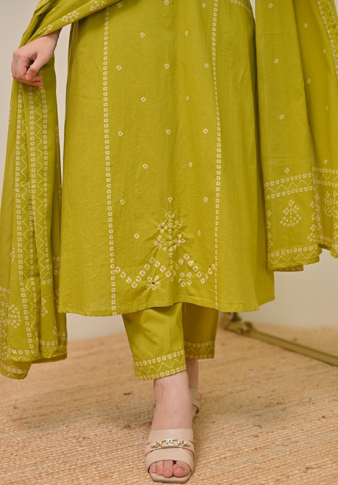 Lime Mist Bandhej Print A-Line Cotton Suit Set with Dupatta