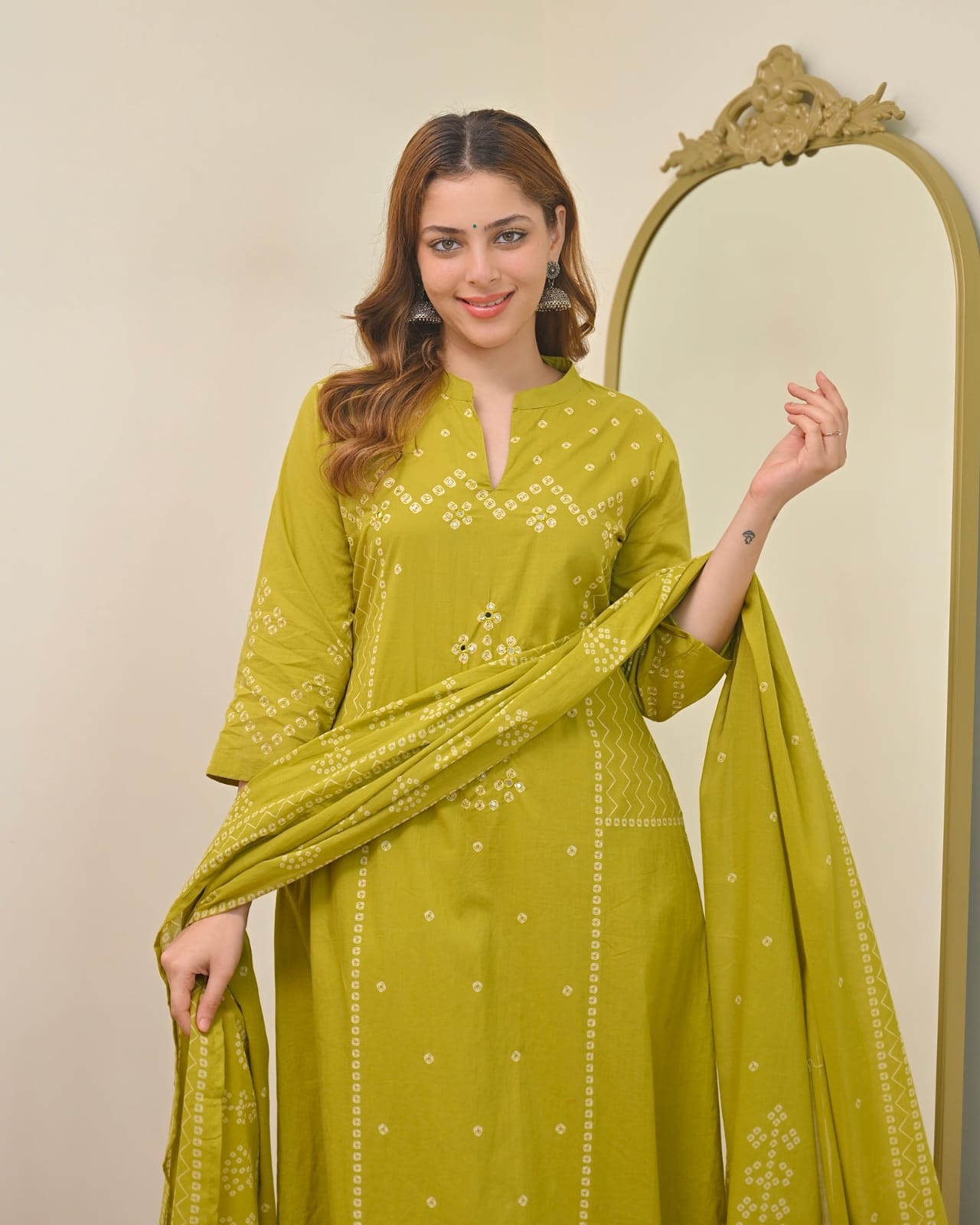 Lime Mist Bandhej Print A-Line Cotton Suit Set with Dupatta
