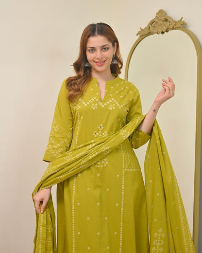 Lime Mist Bandhej Print A-Line Cotton Suit Set with Dupatta