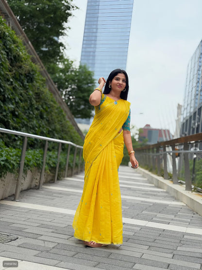 Linen Blooming Saree with Kalamkari Print & Tassels