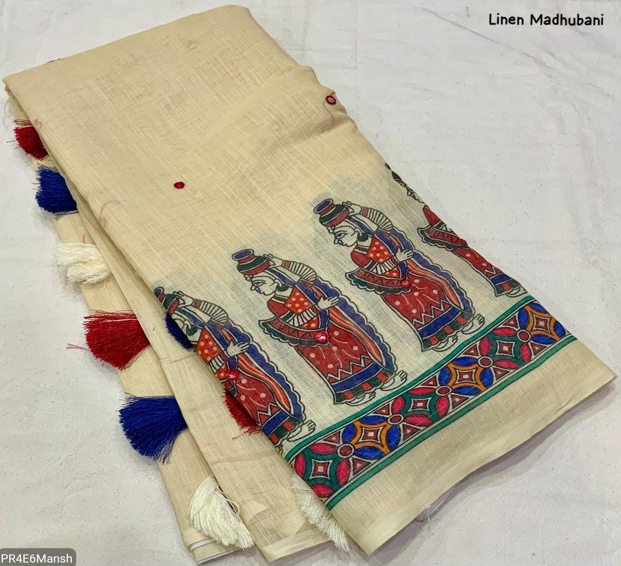 Linen Cotton Madhubani Saree with Aari Mirror Work & Tassels