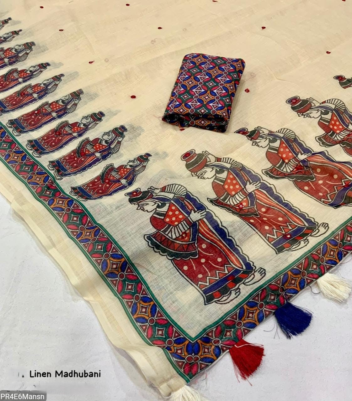 Linen Cotton Madhubani Saree with Aari Mirror Work & Tassels