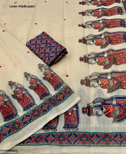 Linen Cotton Madhubani Saree with Aari Mirror Work & Tassels