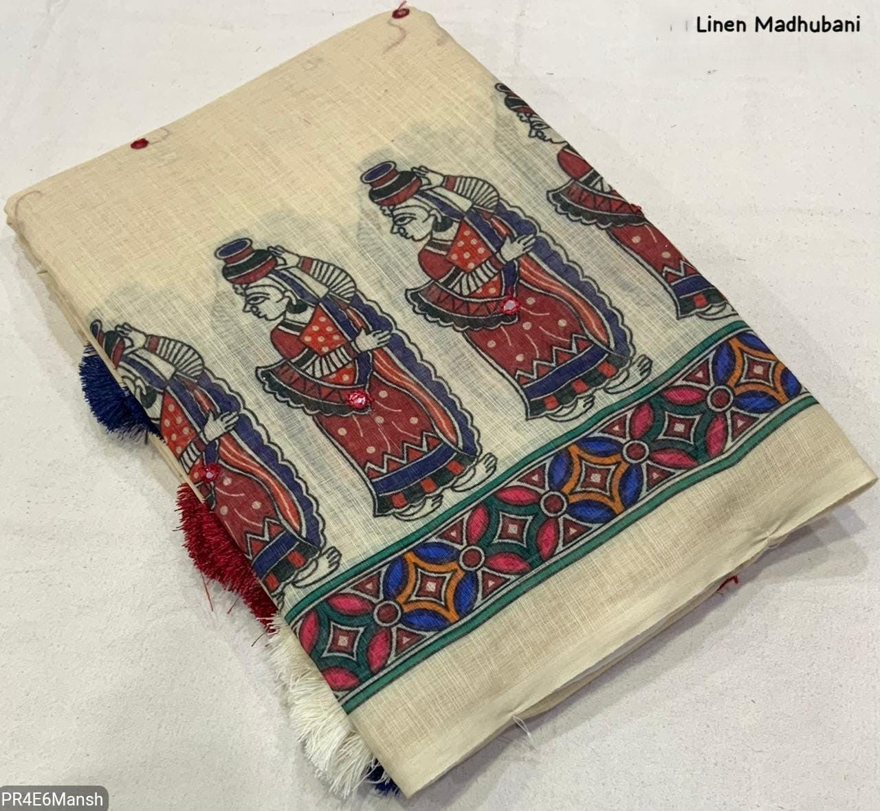 Linen Cotton Madhubani Saree with Aari Mirror Work & Tassels