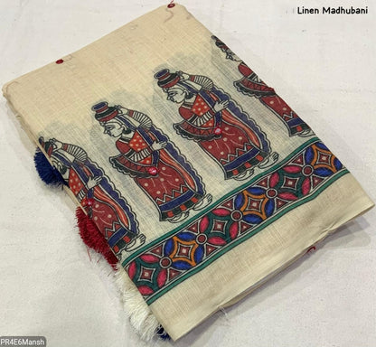 Linen Cotton Madhubani Saree with Aari Mirror Work & Tassels