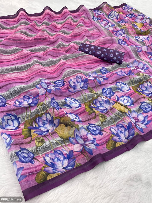 Linen Digital Print Saree with Running Printed Blouse – 6.30 M
