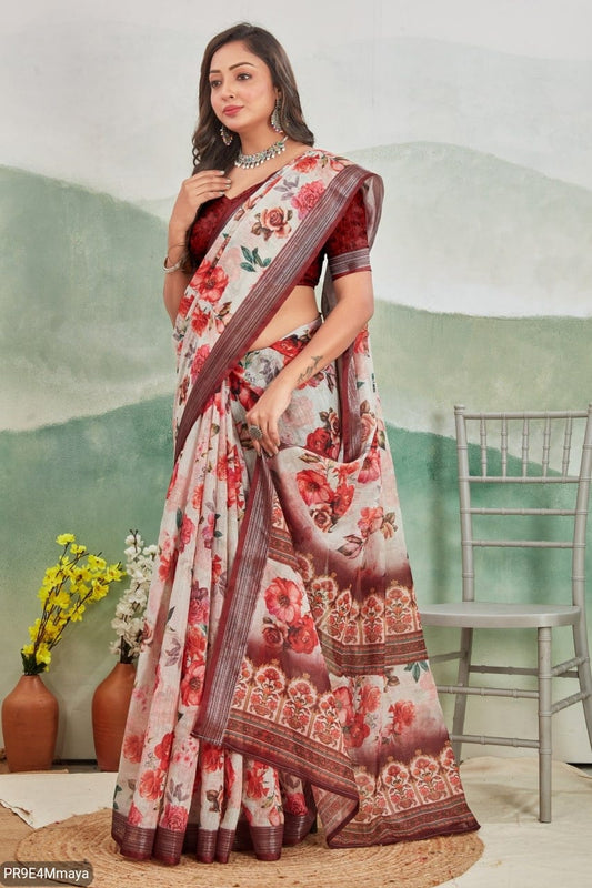 Linen Digital Print Saree with Running Printed Blouse – 6.30 M