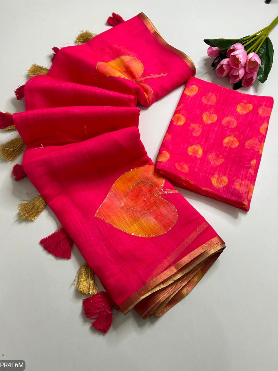 Linen Print Saree with Work & Blouse Piece
