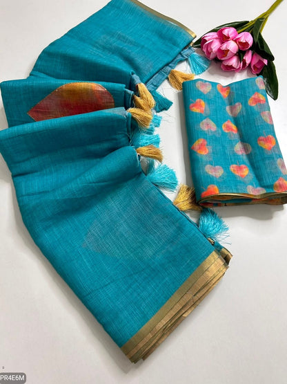 Linen Print Saree with Work & Blouse Piece