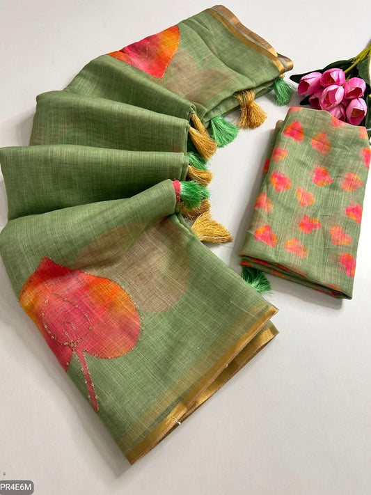 Linen Print Saree with Work & Blouse Piece