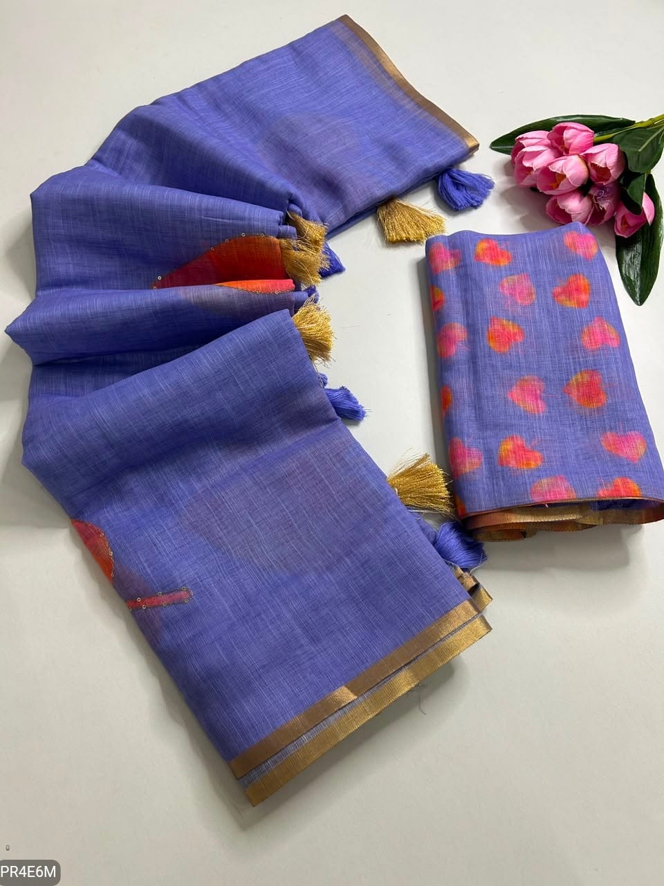 Linen Print Saree with Work & Blouse Piece