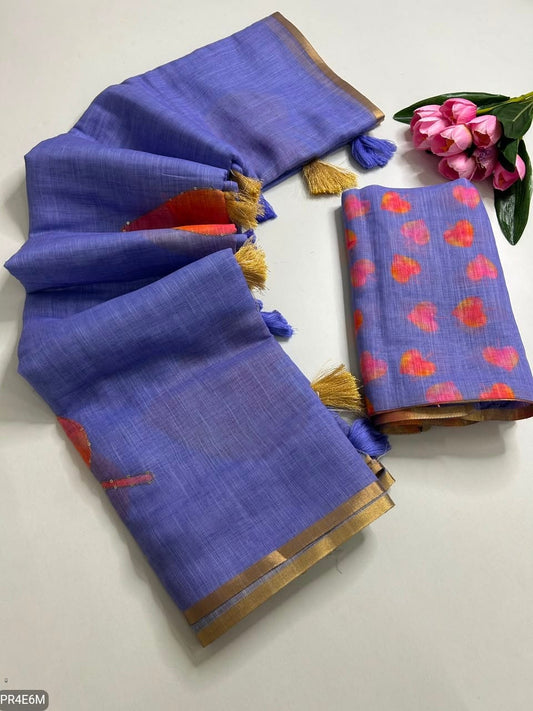 Linen Print Saree with Work & Blouse Piece