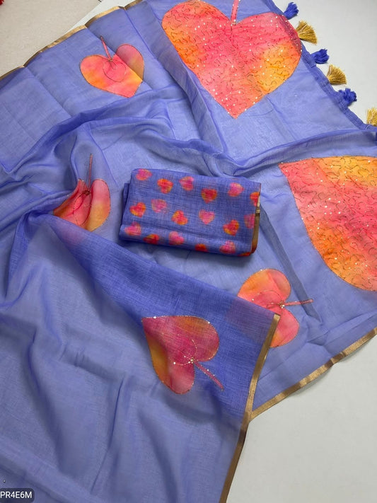 Linen Print Saree with Work & Blouse Piece