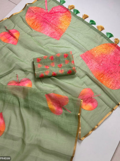 Linen Print Saree with Work & Blouse Piece