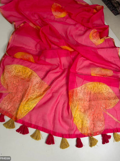 Linen Print Saree with Work & Blouse Piece