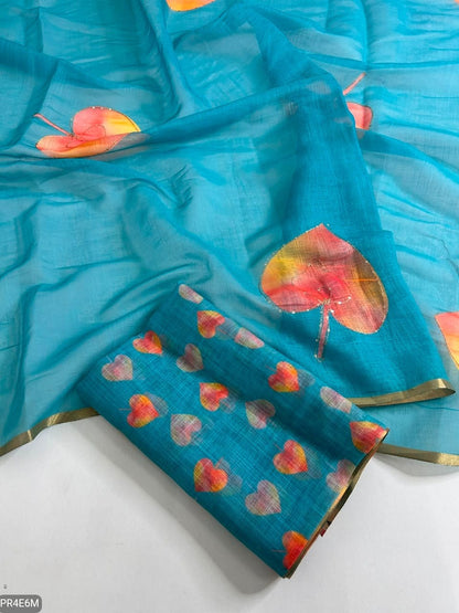 Linen Print Saree with Work & Blouse Piece