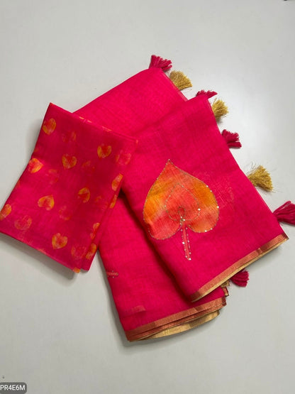 Linen Print Saree with Work & Blouse Piece