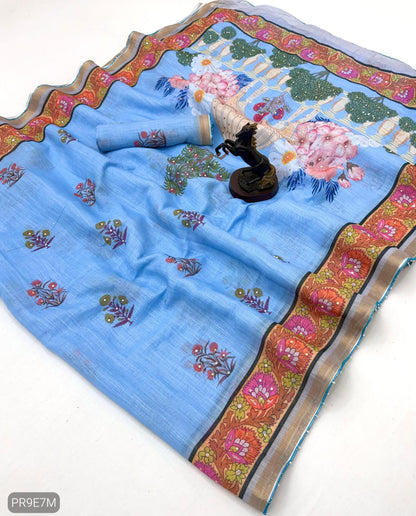 Linen Printed Saree with Floral & Heritage Prints and Contrast Border