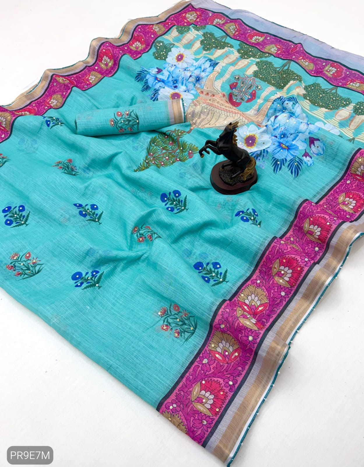 Linen Printed Saree with Floral & Heritage Prints and Contrast Border