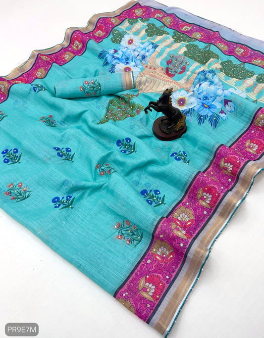 Linen Printed Saree with Floral & Heritage Prints and Contrast Border
